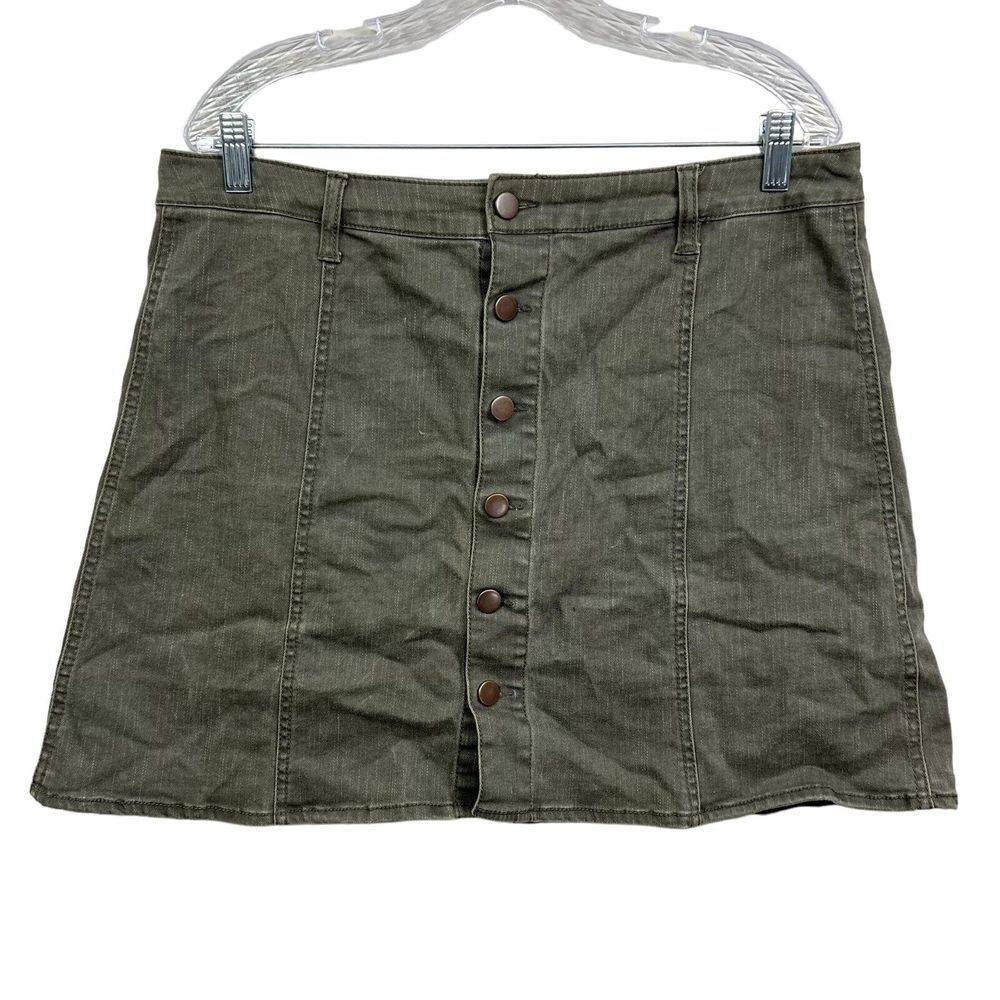 Falls Creek Women Denim Mini Skirt Flat front Stretch Button Pockets Green 16*